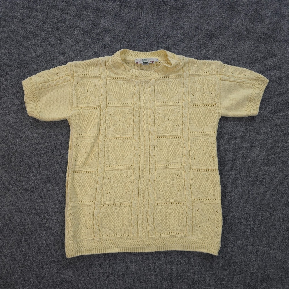 Orvis Sweater Womens Medium Yellow Hearts Chunky Knit Fisherman Vintage USA‎